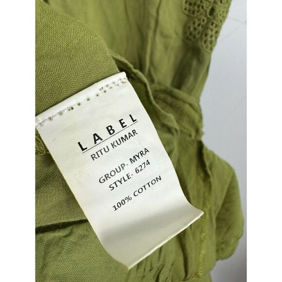 LABEL RITU KUMAR GREEN SOLID TIE UP SHORT DRESS Size Small Puff Sleeve - Picture 12 of 12